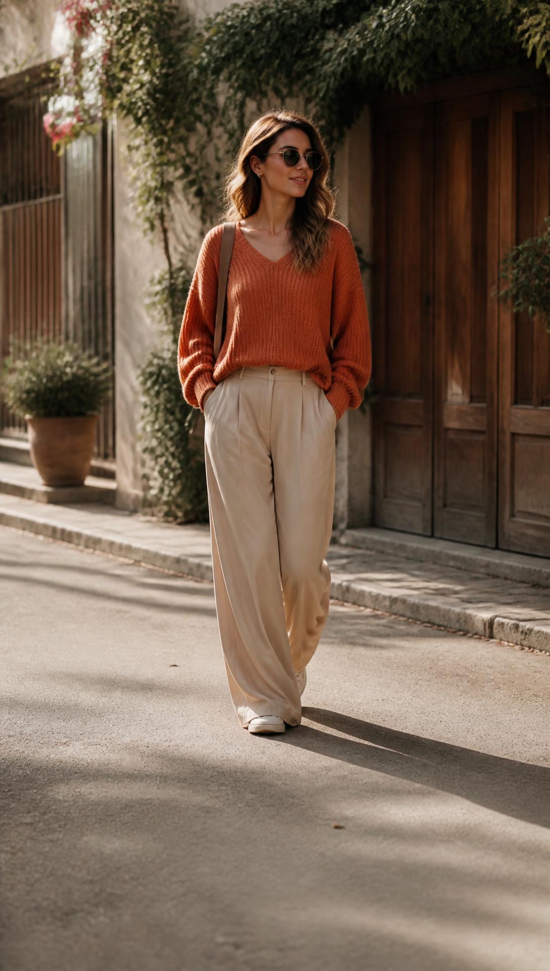 KI-generiertes Model im terrakottafarbenen Pullover auf sonniger Straße, hochformat für TikTok