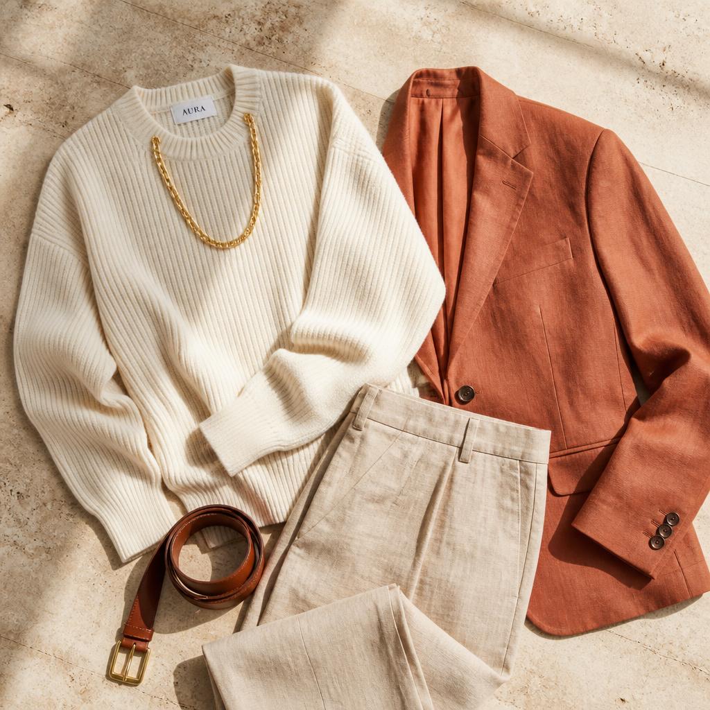 Flatlay aus Kleidungsstücken in Creme und Terrakotta